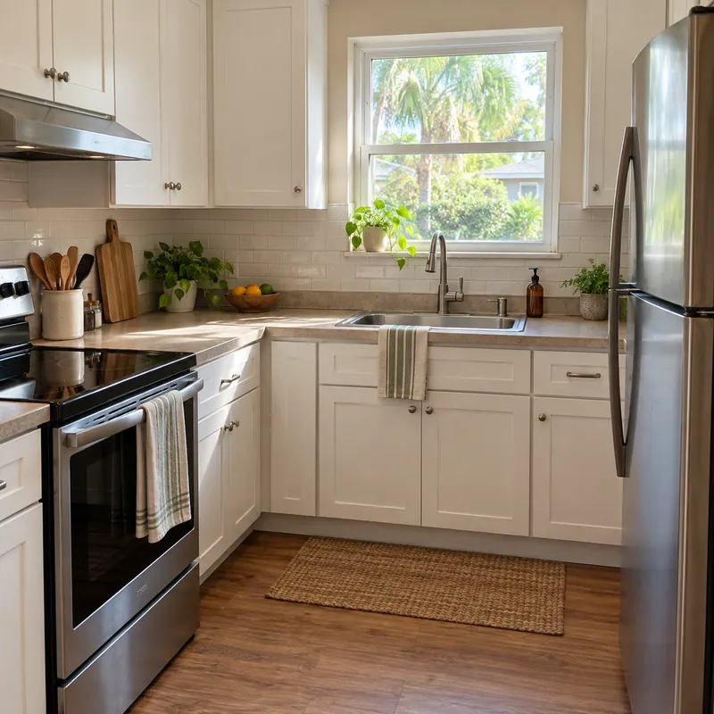 Illustrative compact kitchen with simple white cabinets